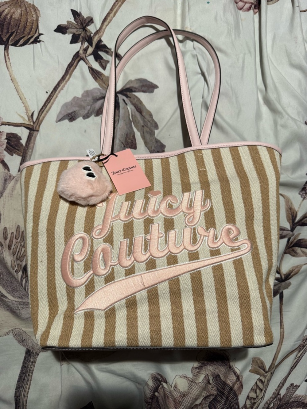 Juicy Couture Beige and Pink Striped Logo Tote with Pom Charm